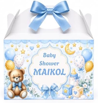 Personalized Baby Shower Keepsake Boxes. A set of 12 boxes personalized with the baby's name to add a special touch to your celebration. (Boy teddy bear) by Handmade