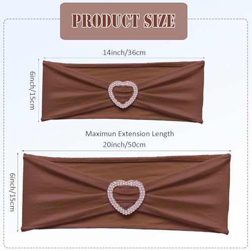 Brown Chair Sashes 60 Pack Spandex Brown Sashes for Chairs Universal Spandex Chair Sashes Bands with Heart Buckle Slider for Wedding Banquet Party Decorations - Image 2