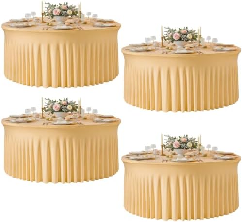 4 Pack Champagne Round Spandex Tablecloths, 5FT/60In Stretchy Table Cloth with Skirt, Washable Fitted Tablecloth, Circle Wrinkle Free Table Cover for Wedding Party Dining Banquet Event by Torrowsrort