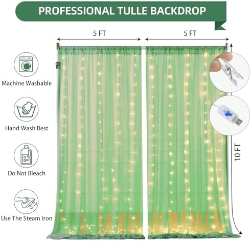 10×10ft Green Tulle Backdrop Curtain with Lights String for Parties, Sheer Photo Curtain Backdrop Drapes for Wedding Party Photography Backgrounds - Image 4