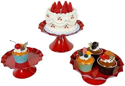 3 Pcs Red Metal Cupcake Stand Scalloped Edge Dessert Display Tray - Image 2