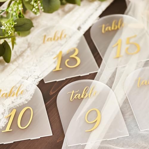 SHINVALE Arch Acrylic Wedding Table Numbers with Gold Foil Font – Frosted Finish, Elegant Modern Design with Stands, Easy Assembly Table Signs for Weddings, Parties & Events (20, 5" x 7") - Image 2