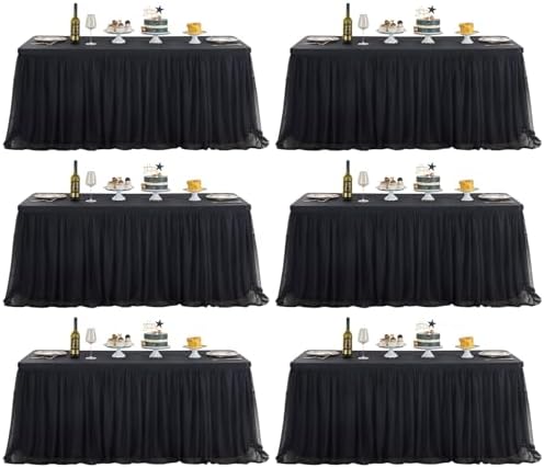 familus Black Table Cloths 8 Foot Rectangle 6 Pack Stretch Ruffle Tulle Tablecloth Spandex Fitted Table Cover for 8 Foot Tulle Table Skirts for Party Wedding Table Cloths, Banquets by familus