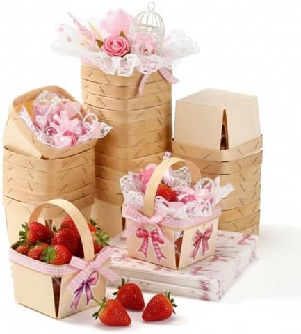 Teecyhooo 30sets Pink Gingham Wooden Gift Baskets with Handles Bow Stickers by Unknown