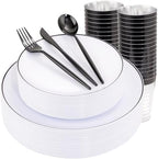 ejonirinjonir 180pcs Elegant White Plastic Plates for Wedding, Black Trim by Ejonirinjonir