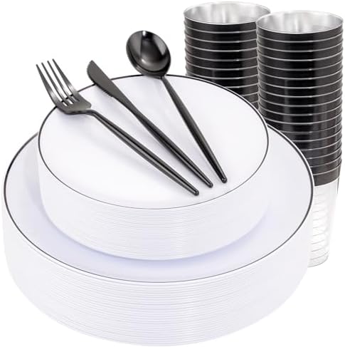 ejonirinjonir 180pcs Elegant White Plastic Plates for Wedding, Black Trim by Ejonirinjonir