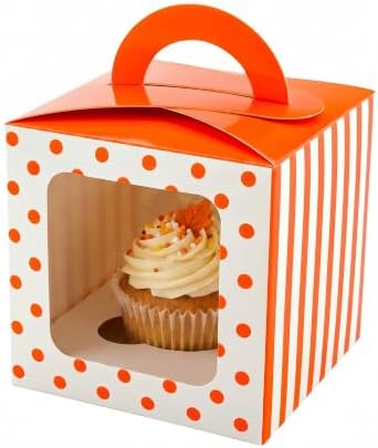 Restaurantware Pastry Tek 4.5 Inch Individual Cupcake Boxes 100 Polka Dots Cupcake Favor Boxes - Fits 1 With Window Orange Paper Cupcake Gift Boxes Built In Handle For Weddings Or Parties by Restaurantware