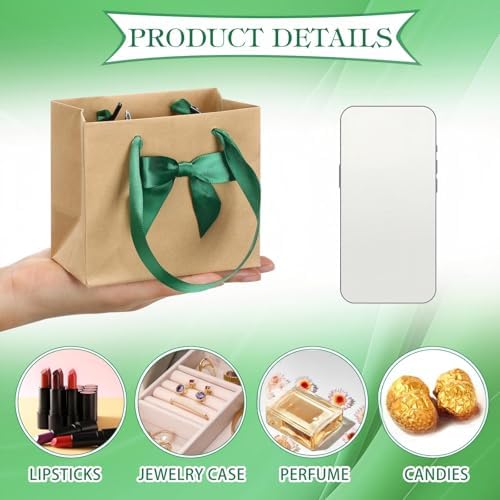 Honoson 50 Pcs Small Gift Bags with Handle 4 x 2.75 x 4.5 No DIY Mini Paper Bags Bulk with Bow Ribbon for Wedding Birthday Party Favor Baby Shower Guests(Green) - Image 5