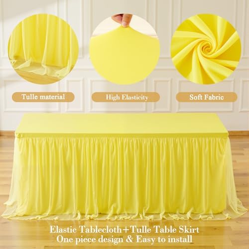 Yellow Tulle Tablecloth for 8 Foot Rectangular Tables 8ft Yellow Rectangle Table Cloth Wrinkle Free Table Cover with Tutu Skirt for Birthday Cocktail Banquet Buffet Lemon Citrus Fruit Party Decoration - Image 5