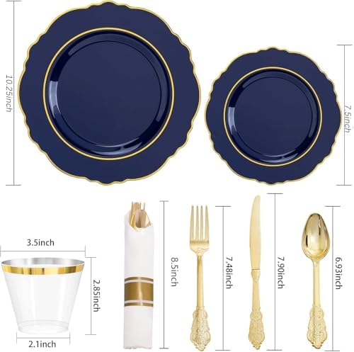 Liacere 350PCS Navy Blue Plastic Patriotic Plates-Disposable Blue Gold Plates 50guest Plastic Dinnerware include 100Plates,50Pack Pre Rolled Napkins with Silverware 50Cups for Party/Wedding/Labor Day - Image 3
