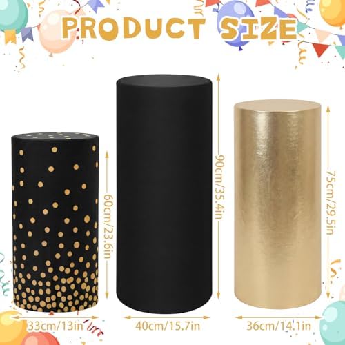 Tigeen 3 Pcs Cylinder Pedestal Stand Covers for Party Cylinder Pedestal Covers Decoration Elastic Pillars Plinth Display Cover for Birthday Wedding Baby Shower Table Decor(Classic,Gold and Black) - Image 2