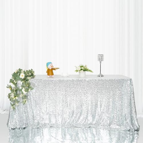 Eternal Beauty Silver Sequin Tablecloth 72 x 108-Inch Sparkly Overlay Rectangle Glitter Table Cover for Wedding Party Birthday Decoration - Image 4