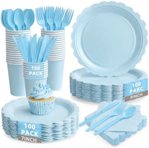 Nihaoya 700PC Blue Disposable Paper Plate set Party Supplies for 100 by Nihaoya