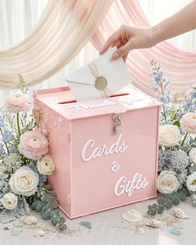 Dusty Rose Acrylic Wedding Card Box with Lock, 10" Card Holder with Slot - Image 3