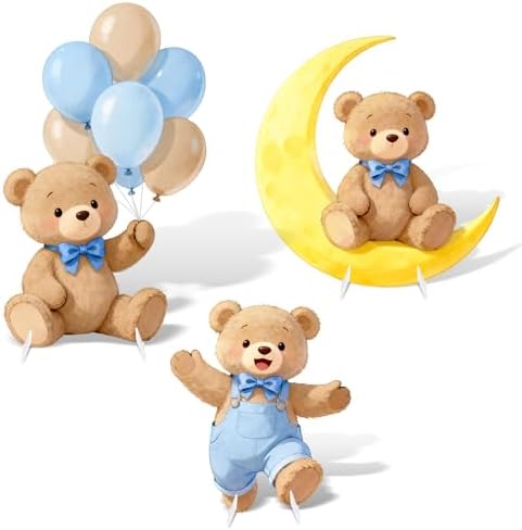 3Pcs Blue Bear Baby Shower Decorations, Large Moon Bear Cardboard Cutout Standup with Yard Stakes & Stands for Boy Bear Birthday Indoor Outdoor Photo Booth Props Cartoon Party Supplies by WelcometoLawnIdyll