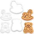 BAKERLOGY Set of 2 Rocking Horse & Teddy Bear with Heart Mini Cookie Cutter & Stamp Set – Cute Fondant Embosser for Baby Shower, First Birthday, Christening, Nursery Cupcake Topper Baking Tool by Bakerlogy