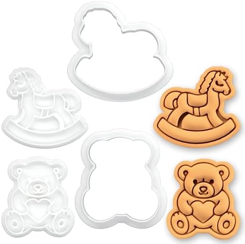BAKERLOGY Set of 2 Rocking Horse & Teddy Bear with Heart Mini Cookie Cutter & Stamp Set – Cute Fondant Embosser for Baby Shower, First Birthday, Christening, Nursery Cupcake Topper Baking Tool by Bakerlogy