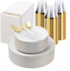 Bestluck 350 Pcs White Gold Plastic Plates,Disposable Dinnerware Set by Bestluck