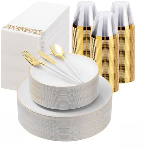 Bestluck 350 Pcs White Gold Plastic Plates,Disposable Dinnerware Set by Bestluck