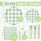 175pcs Gingham Party 25 Piece Dinnerware Set Sage Green Gingham Paper Plates and Napkins Knives Spoons Forks Cups Disposable Party Utensils for Baby Shower Birthday Picnic Wedding - Image 2