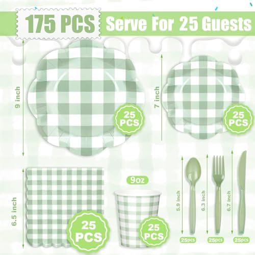 175pcs Gingham Party 25 Piece Dinnerware Set Sage Green Gingham Paper Plates and Napkins Knives Spoons Forks Cups Disposable Party Utensils for Baby Shower Birthday Picnic Wedding - Image 2