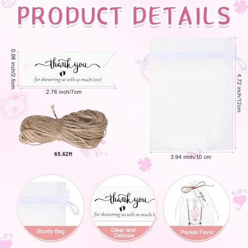 Pickmesh 100 Sets Baby Shower Party Favors for Guests 1.2 oz Acrylic Clear Shot Glasses Thank You Tag Card Organza Bag Twine for Baby Shower Gender Reveal Appreciation Theme Return Gift(Girl) - Image 3