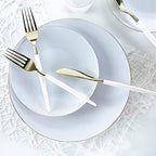 Luxe Party 128 Pieces Two Tone Plastic Disposable Cutlery | Forks-Spoons-Knives | Full Size | Chic Round | White and Gold - Image 5