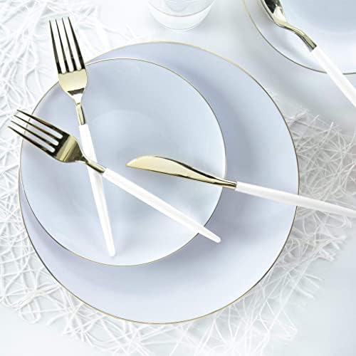 Luxe Party 128 Pieces Two Tone Plastic Disposable Cutlery | Forks-Spoons-Knives | Full Size | Chic Round | White and Gold - Image 5