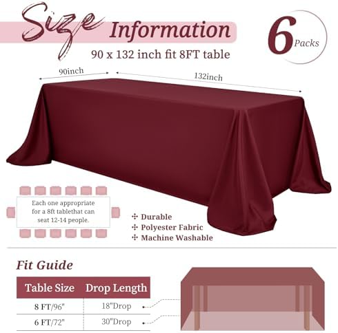 Showgeous 90x132 Inch Burgundy Rectangle Tablecloth 6 Pack Fit 8FT Table - Image 2