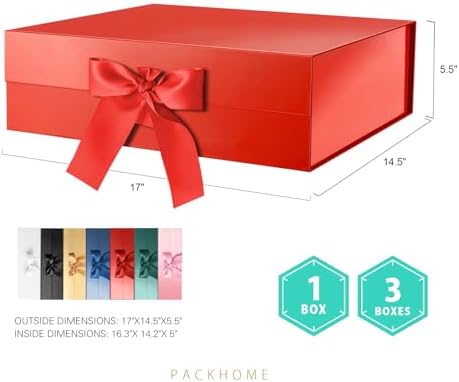 PACKHOME Extra Large Red Gift Box with Ribbon Magnetic Lid 17x14.5x5.5in - Image 2