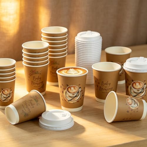 50 Set Baby Is Brewing Coffee Cups with Lids - Baby Is Brewing Shower Decor, 14 oz Disposable Cups Bulk Coffee Themed Party Supplies for Guests Gender Reveal Party Decorations - Image 3