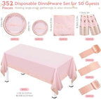 352 Pcs Pink and Rose Gold Birthday Party Supplies Severs 50 Guests Paper Plates Cups Napkins, Plastic Tablecloths Forks Knives Spoons Pink Disposable Dinnerware Set for Baby Shower Birthday Wedding - Image 2
