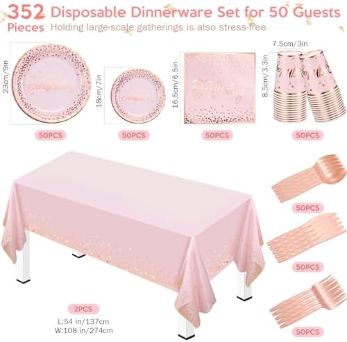 352 Pcs Pink and Rose Gold Birthday Party Supplies Severs 50 Guests Paper Plates Cups Napkins, Plastic Tablecloths Forks Knives Spoons Pink Disposable Dinnerware Set for Baby Shower Birthday Wedding - Image 2