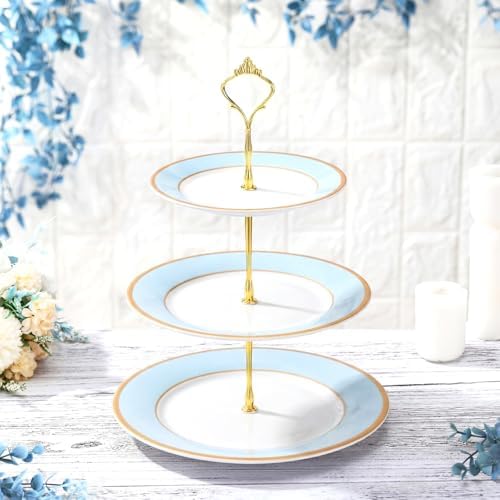 CHENGU 3 Tier Christmas Cupcake Stand Blue Ceramic with Gold Frame by CHENGU