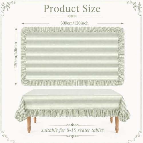 Striped Ruffled Tablecloth 60x120in Cotton Polyester Striped Tablecloth Rectangular Fits 8-10 Seater Table Farmhouse Vintage Table Cover for Home Kitchen Baby Shower Birthday Party Picnic (Sage Green) - Image 2