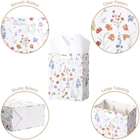 Loveinside Medium Size Gift Bags, Colorful Flower Pattern Gift Bag with Tissue Paper for Shopping, Parties, Wedding, Baby Shower, Craft-12 Pack, 7" X 4" X 9" - Image 3