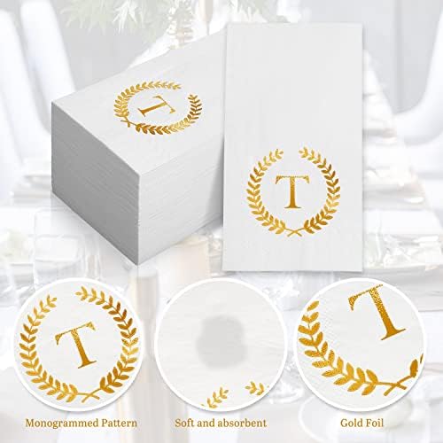 200 Pack Monogrammed Disposable Napkins Gold Foil Letter T Guest Napkins Initial Disposable Hand Paper Towels for Wedding Engagement Baby Shower Party Home Kitchen Bathroom Dinner Decorative Towels - Image 4