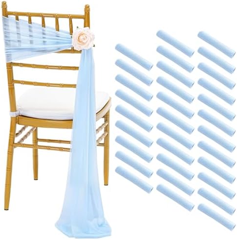Aisle Chair Sashes Decorations Bulk: 32 Pieces Light Blue Sheer Draping Fabric - 8ft Long Chair Ribbons for Unicorn Party Dinner by Fanqisi