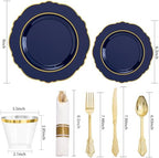 Liacere 175PCS Navy Blue Plastic Plates-Disposable Blue Gold - 25guest Baroque Plastic Dinnerware include 50Plates,25Pack Pre Rolled Napkins with Silverware 25Cups for Party & Wedding & Labor Day - Image 3