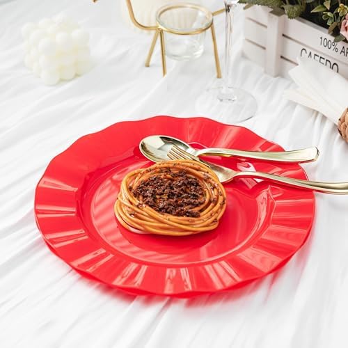 72 Pack Red Plastic Plates, 10" Disposable Wave Edge Dinner Plates - Image 3