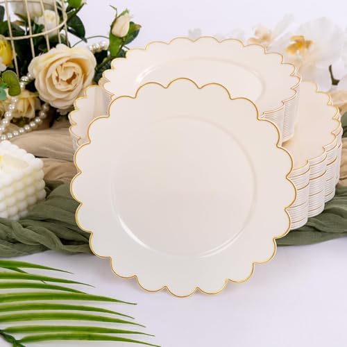 LIYH 60 Pcs Ivory and Gold Scalloped Plastic Plates - Disposable Fancy Combo Plates Includes 30 Dinner Plate 10.25" and 30 Dessert Plate 7.5" Plastic Heavy Weight Party Tableware Dishes - Image 4