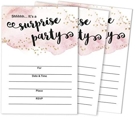 Pack of 30 Surprise Party Birthday Invitations with Envelopes, Blush Watercolor, Retirement Party, Bridal Shower, Baby Shower Fill in Style Invites by Inkdotpot