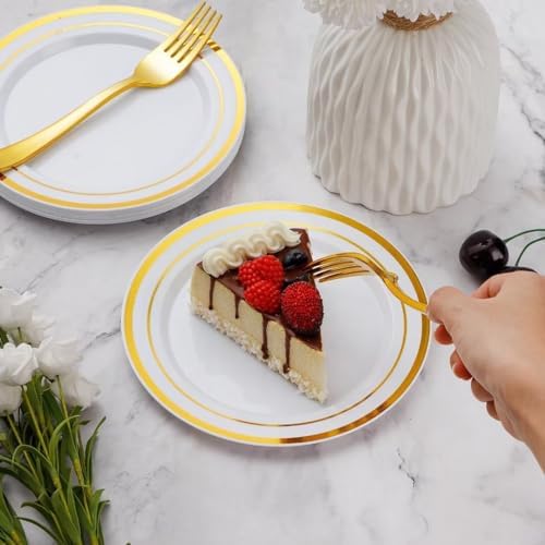 Goodluck 120Pcs 7" Round Gold Dessert Plastic Plates Set - Image 3