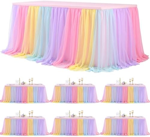 6 Pack Rainbow Tablecloth for 8 Foot Rectangle Tables Tulle Tablecloth Rainbow Table Cloth Rectangle 8ft Spandex Table Covers for Baby Shower Girls Unicorn Birthday Party Wedding Banquet Tables Skirt by HBBMAGIC