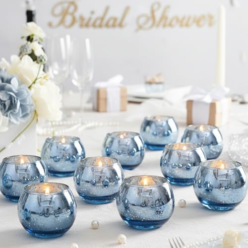 24 Pcs Blue Votive Candle Holders- Blue Centerpieces for Tables, Round Mercury Glass Candle Holder for Wedding Decor, Bridal Shower Decorations - Image 2