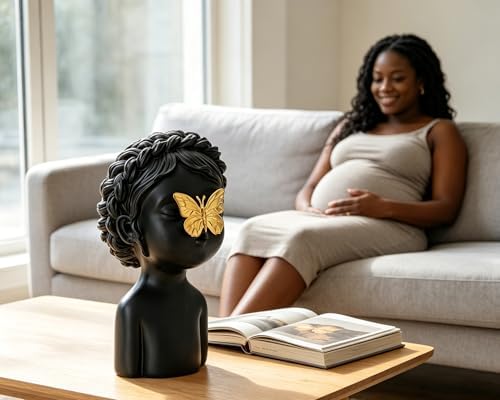 Black Cute Girl Statue with Gold Butterfly, 9 inch Resin Whimsical Sculpture for Nursery Living Room Decoration, Gift for Baby Shower Gender Reveals, Birthdays, Housewarmings, Mother’s Day - Image 2