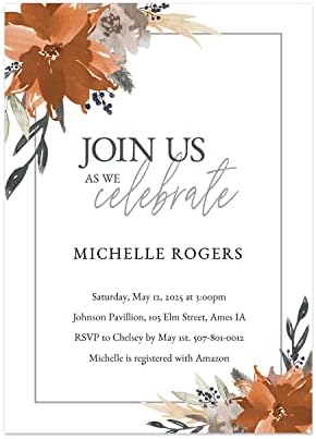 Canopy Street Indie Autumn Floral Bridal Shower Personalized Invitations / 25 Boho Custom Invitation With White Envelopes / 5 x 7 Party Invites/Made In The USA by CanopyStreet