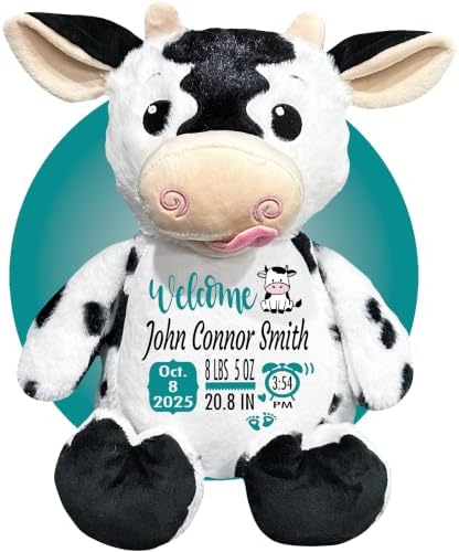 Birth Stat Stuffed Animal - 17" Birth Announcement Stuffed Animals - Personalized Baby Gifts - Baby Shower Keepsake - Birth Information Plush - Removable Cover (Cute Cow) - Image 4