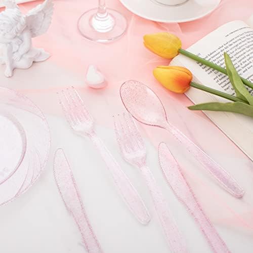 WDF 360 Pink Glitter Plastic Silverware - Disposable Glitter Cutlery - Plastic Silverware inluding 120 Forks, 120 Spoons, 120 Knives for Pink Birthday,Baby Shower - Image 4