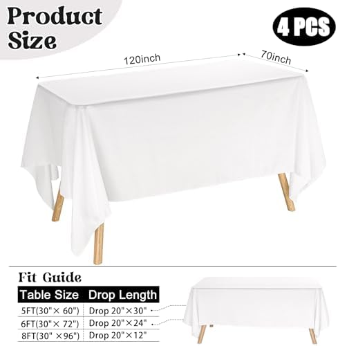 4 Pack Rectangle Tablecloth for 6 Foot Tables Washable Polyester Table Cover for Wedding Dining Table Parties Banquet（70x120 White） - Image 2